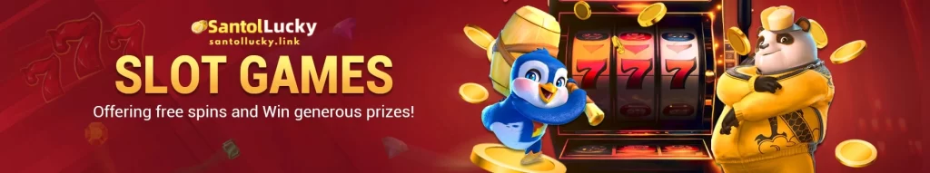 SANTOLLUCKY shows a vibrant slot game interface with spinning reels and winning symbols
